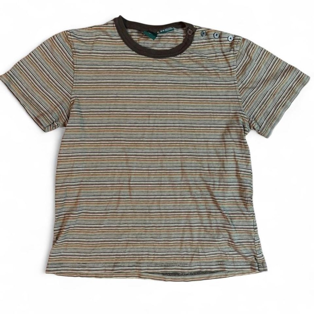 Brown and green striped tee relaxed fit with button detailing size medium